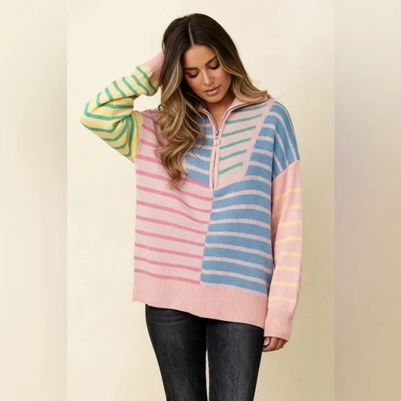 Pink blue stripe half zip contrast western print pullover sweatshirt tunic top - Picture 7 of 8